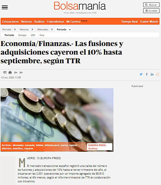 Economa/Finanzas.- Las fusiones y adquisiciones cayeron el 10% hasta septiembre, segn TTR